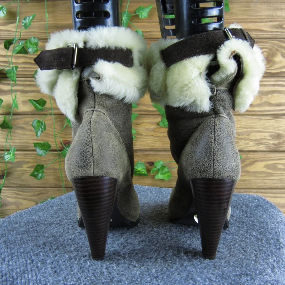Womens Ankle Boots High Heel‎ Sheep Fur Cuff Taupe Brown Western Booties